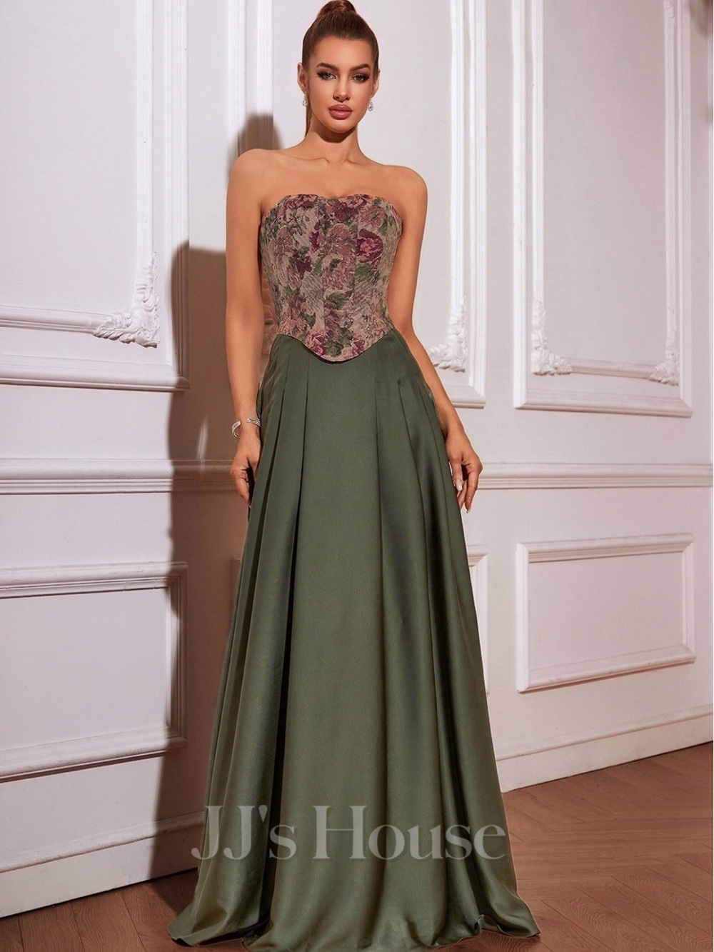 JJs House Olive Green Strapless Floral Corset Gown